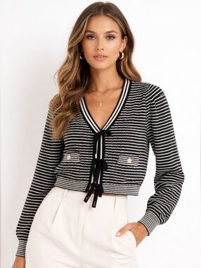 Nicole Miller Evening Cardigan Sweater Top Black White Large